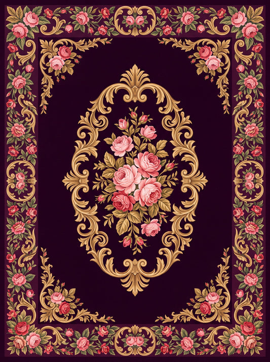Mürdüm ve Pudra Güllü Barok Bambu halı deseni MS-0061
