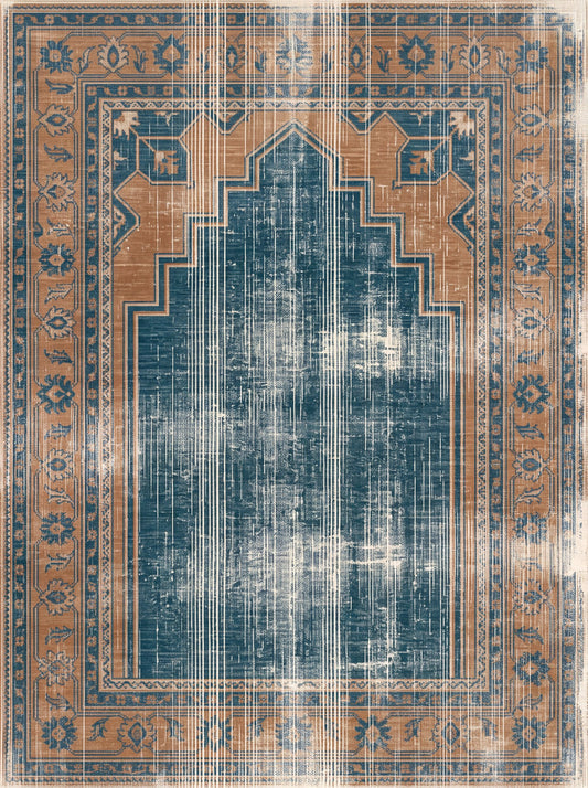 Petrol ve Karamel Madalyonlu Vintage Şönil halı deseni TH-092