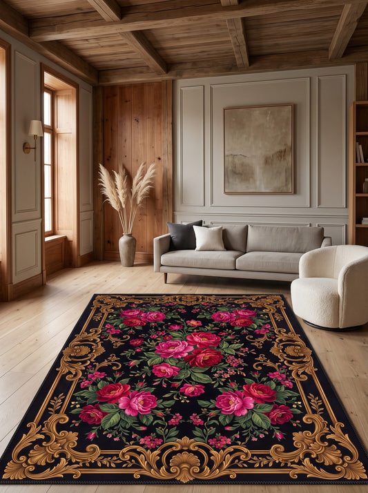 büyük salon halısı Siyah ve Pembe Çiçekli Karabağ Bambu