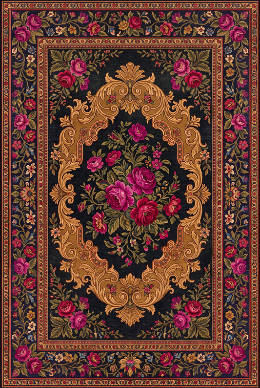 Siyah ve Pembe Çiçekli Karabağ Bambu halı deseni MS-0113