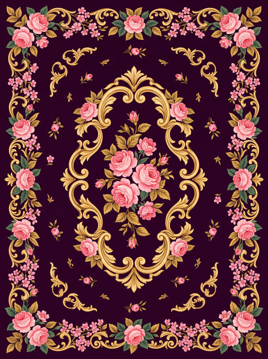 Siyah ve Pembe Güllü Barok Bambu halı deseni MS-0029