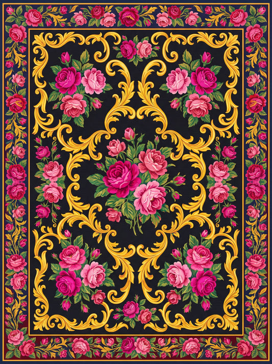 Siyah ve Pembe Güllü Barok Bambu halı deseni MS-0032