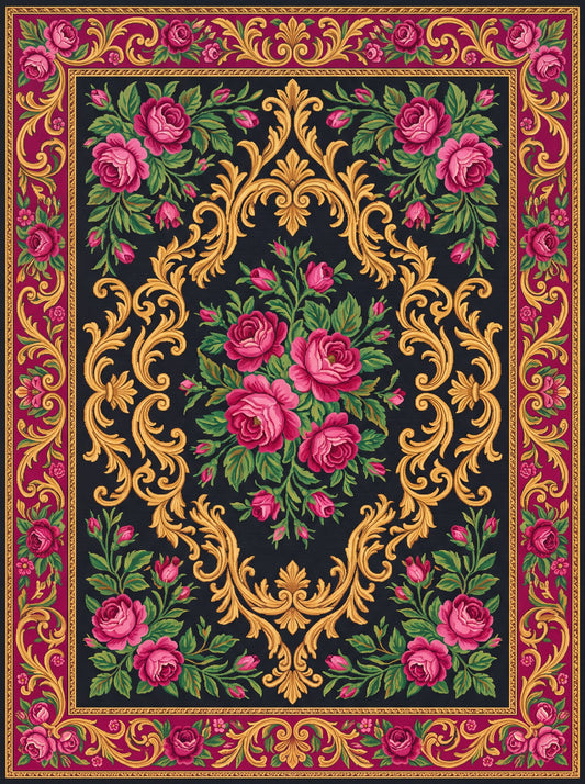 Siyah ve Pembe Güllü Barok Bambu halı deseni MS-0044