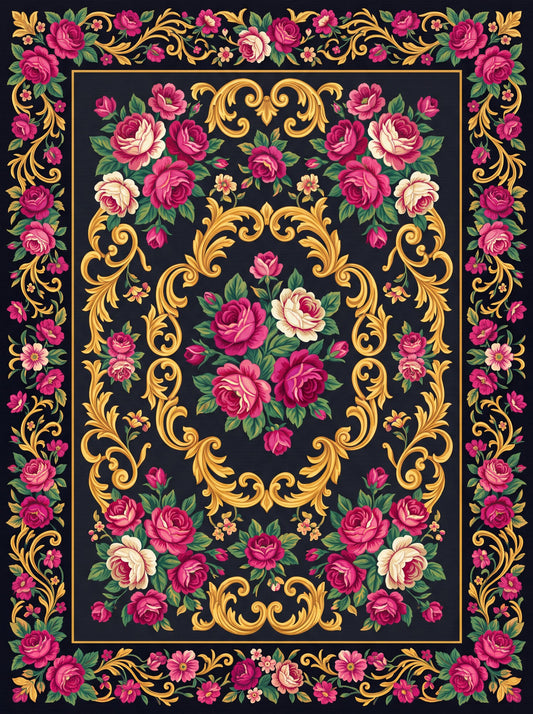 Siyah ve Pembe Güllü Barok Bambu halı deseni MS-0048