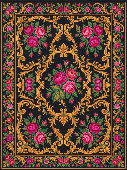 Siyah ve Pembe Güllü Barok Bambu halı deseni MS-0056