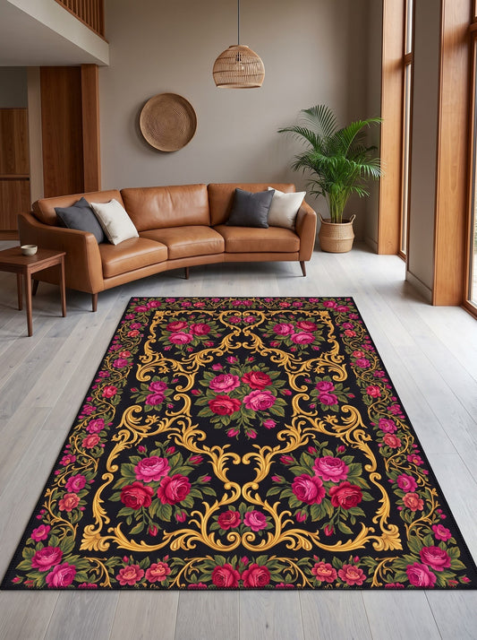 büyük salon halısı Siyah ve Pembe Güllü Barok Bambu