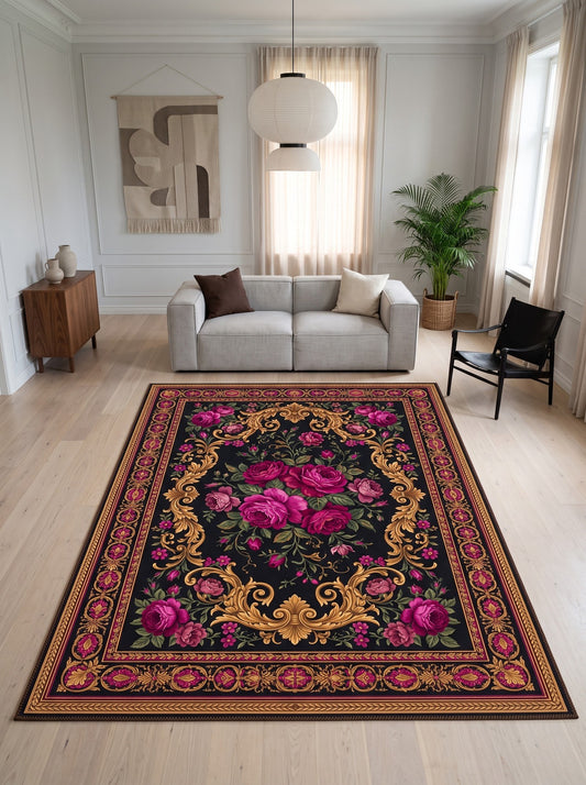 büyük salon halısı Siyah ve Pembe Madalyonlu Vintage Bambu