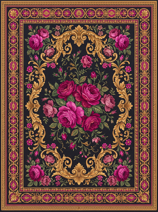 Siyah ve Pembe Madalyonlu Vintage Bambu halı deseni MS-0201