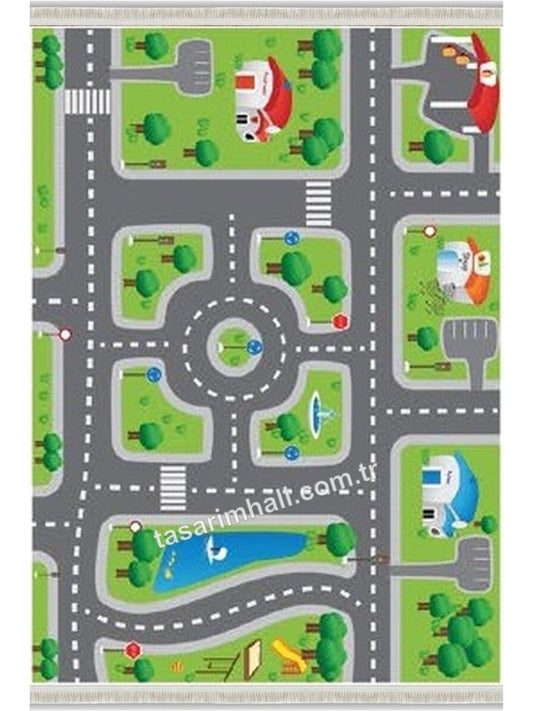 Gri yeşil trafik ve yol desenli çocuk şönil oyun halısı
