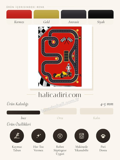 Kırmızı yarış pisti desenli çocuk şönil halısı özellik bilgi kartı