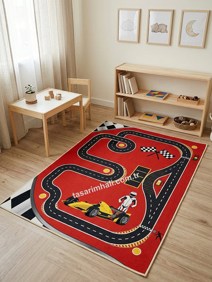 Montessori çalışma halısı kırmızı yarış pisti desenli