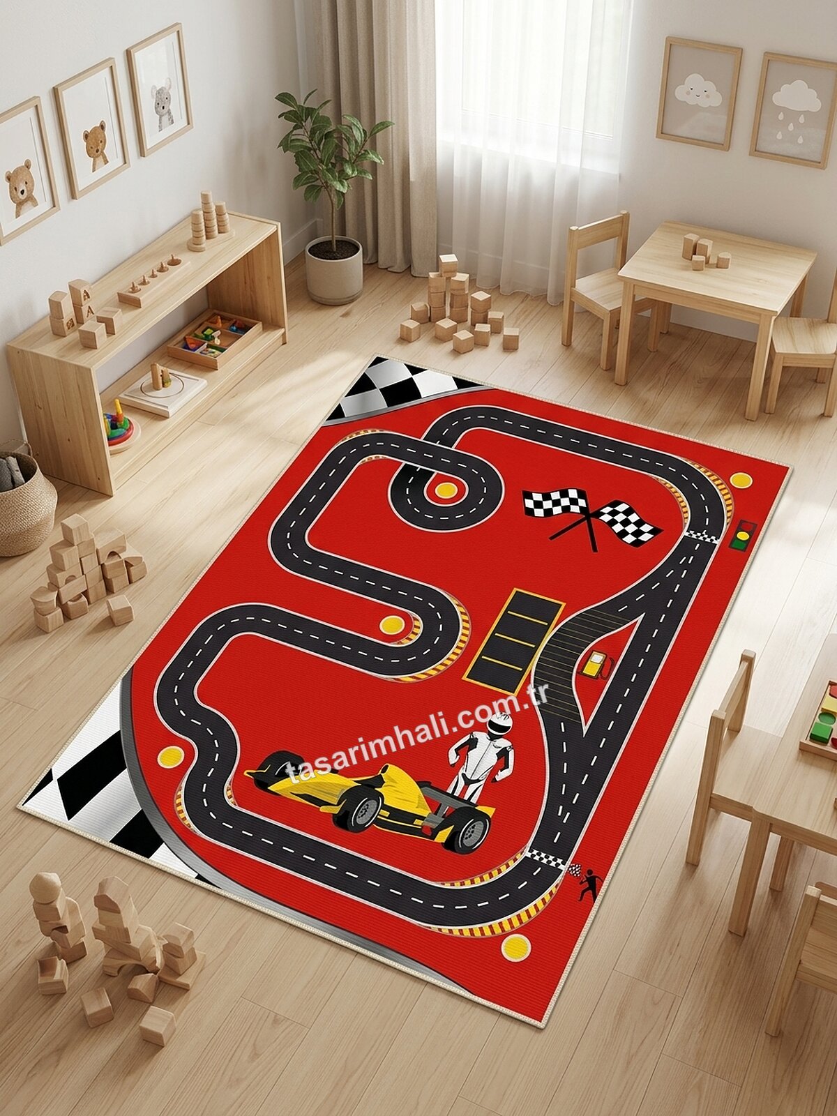 Montessori çocuk halısı kırmızı yarış pisti desenli