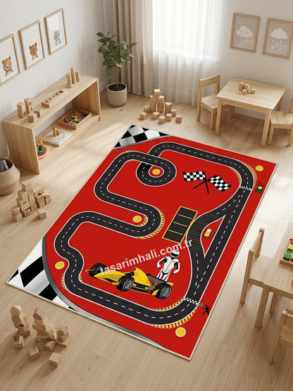 Montessori çocuk halısı kırmızı yarış pisti desenli