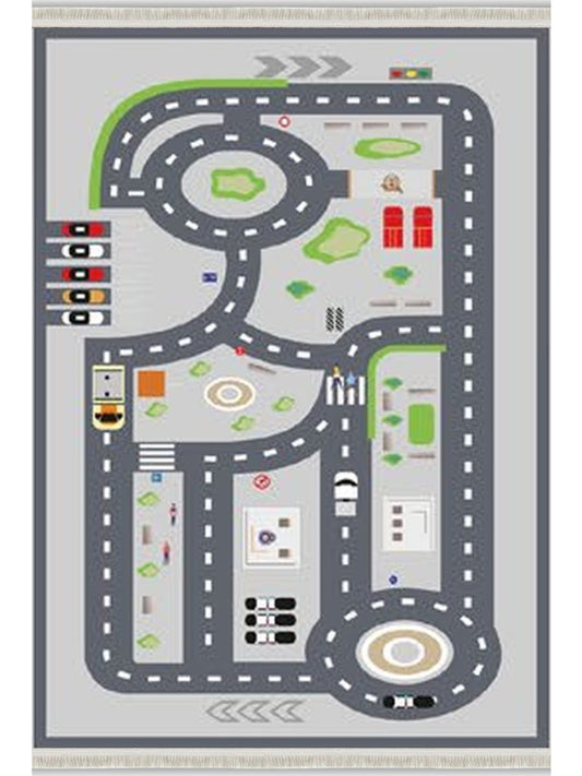 Gri yeşil şehir trafiği desenli çocuk şönil oyun halısı