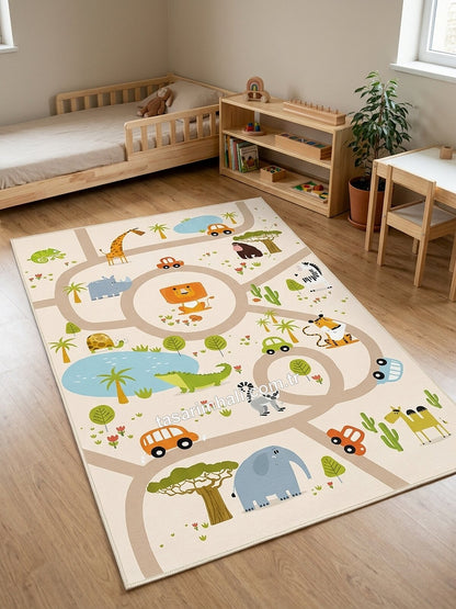 Montessori çocuk halısı bej safari hayvanlı yol desenli