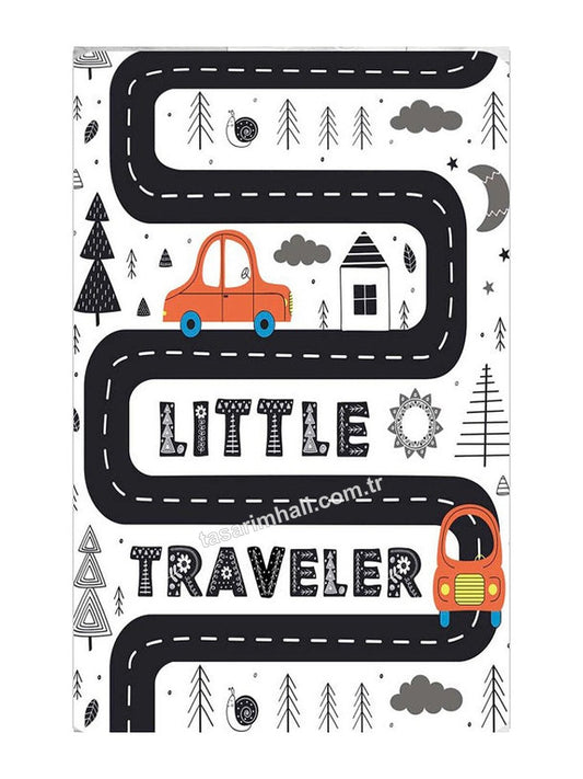 Siyah beyaz little traveler yol desenli çocuk şönil oyun halısı