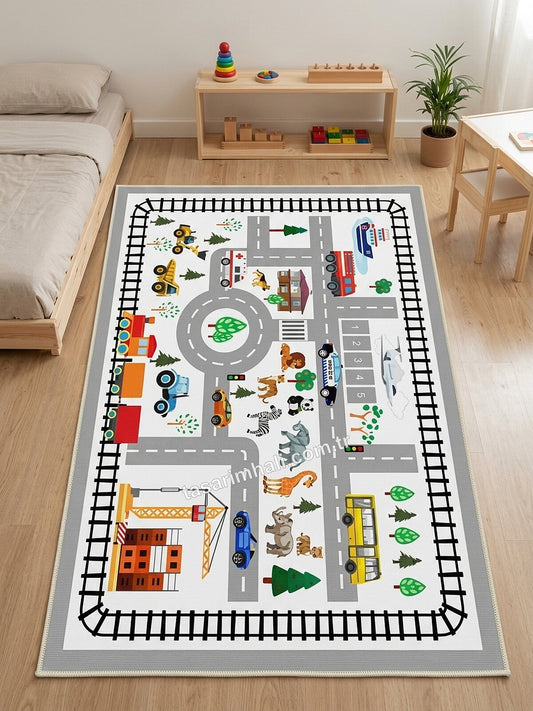 Montessori çocuk halısı beyaz şehir haritası ve yol desenli