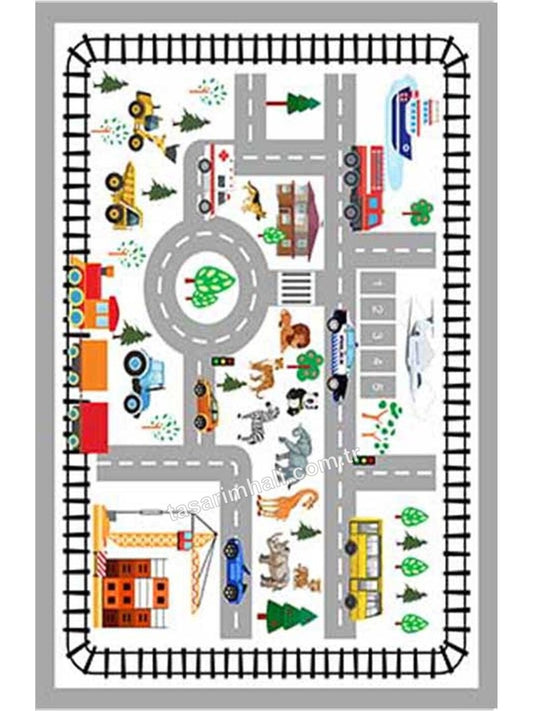 Beyaz şehir haritası ve yol desenli çocuk şönil oyun halısı