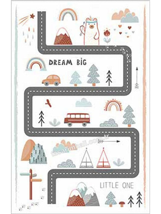 Gri şehir yolu dream big desenli çocuk şönil oyun halısı