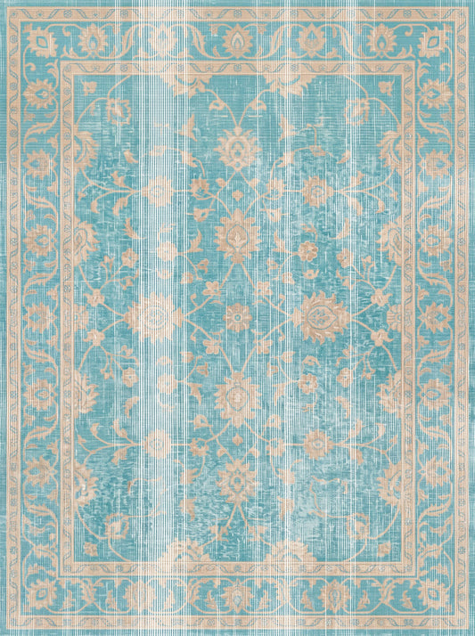 Turkuaz ve Krem Çiçekli Vintage Şönil halı deseni TH-059