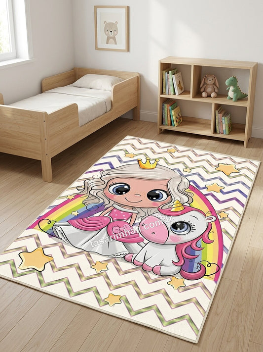 Renkli prenses ve unicorn desenli şönil halı çocuk odasında