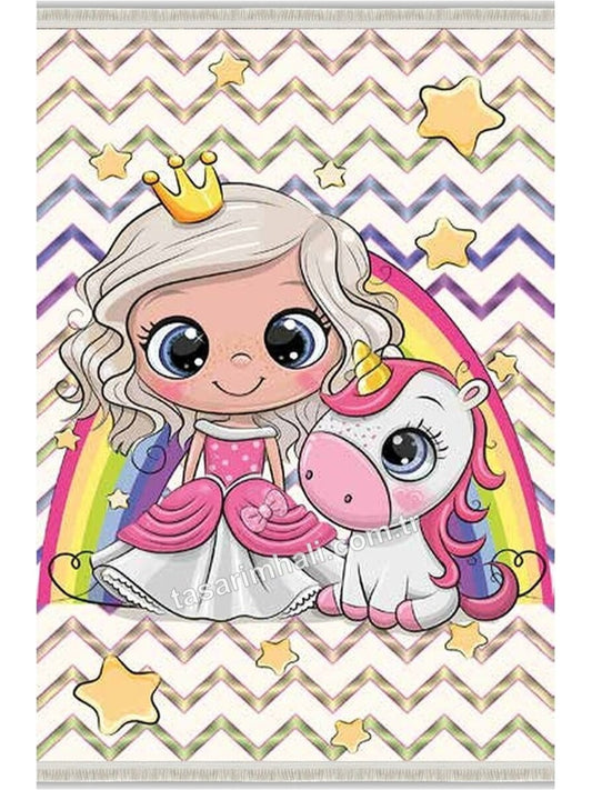 Renkli prenses ve unicorn desenli kız çocuk şönil halısı