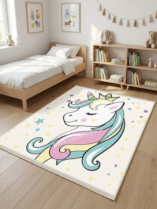 Krem pastel unicorn desenli şönil halı çocuk odasında