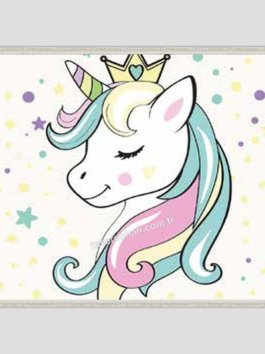 Krem pastel unicorn desenli kız çocuk şönil halısı