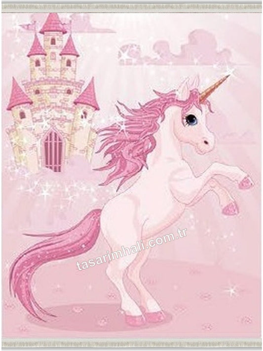 Pembe unicorn ve şato desenli kız çocuk şönil halısı