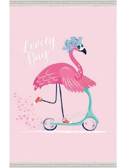 Pembe flamingo desenli kız çocuk şönil halısı