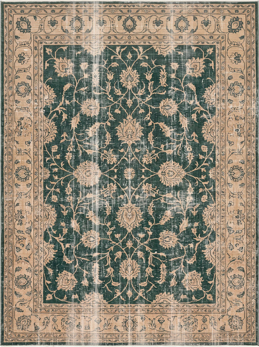 Yeşil ve Krem Çiçekli Vintage Şönil halı deseni TH-122